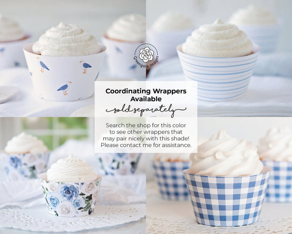 Cornflower Cupcake Wrapper - PRINTABLE digital download PDF. Cool blue solid-colored sleeve for baked cupcakes. More colors available.