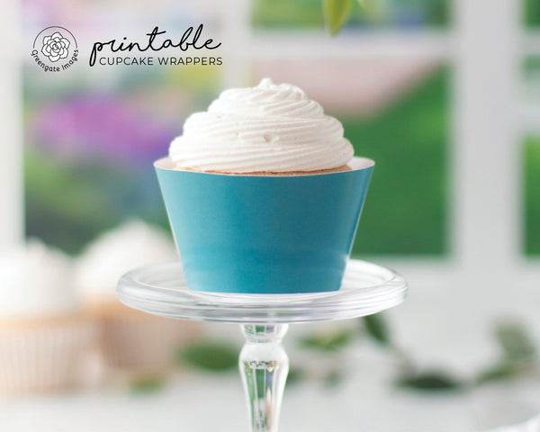 Teal Cupcake Wrapper - PRINTABLE digital download PDF. Turquoise blue-green solid-colored sleeve for baked cupcakes. More colors available.