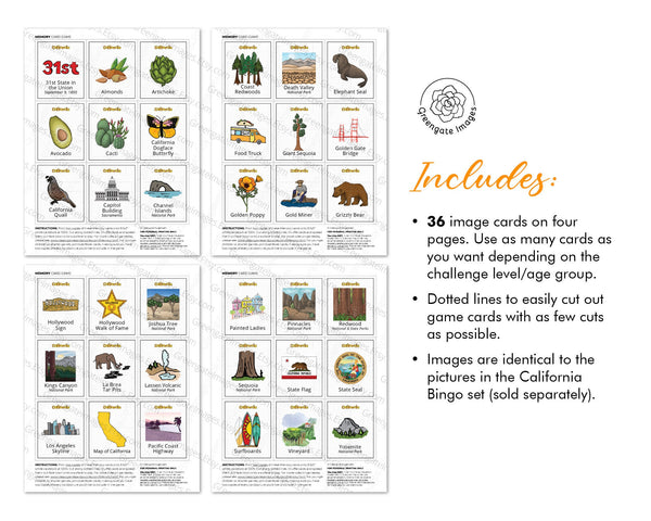 California Memory Game - PRINTABLE downloadable activity PDF. Matching game. 36 picture cards representing symbols & aspects of a US state.