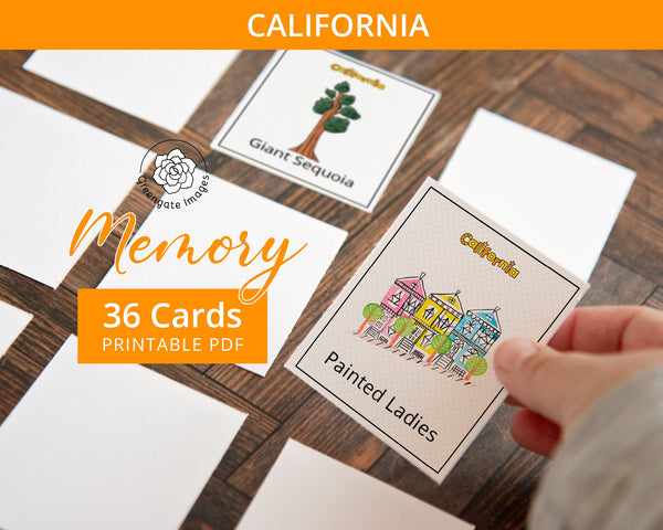 California Memory Game - PRINTABLE downloadable activity PDF. Matching game. 36 picture cards representing symbols & aspects of a US state.
