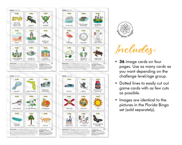 Florida Memory Game - PRINTABLE downloadable activity PDF. Matching game. 36 picture cards representing symbols & aspects of the US state.