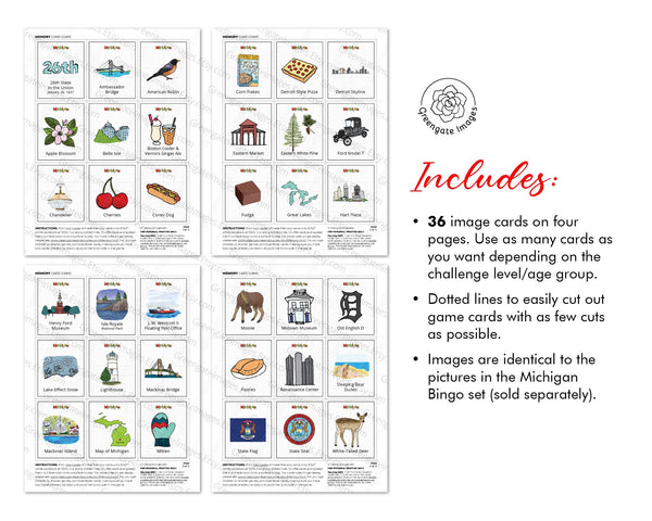 Michigan Memory Game - PRINTABLE downloadable activity PDF. Matching game. 36 picture cards representing symbols & aspects of the US state.