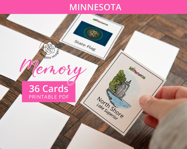 Minnesota Memory Game - PRINTABLE downloadable activity PDF. Matching game. 36 picture cards representing symbols & aspects of the US state.