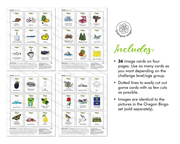 Oregon Memory Game - PRINTABLE downloadable activity PDF. Matching game. 36 picture cards representing symbols & aspects of the US state.