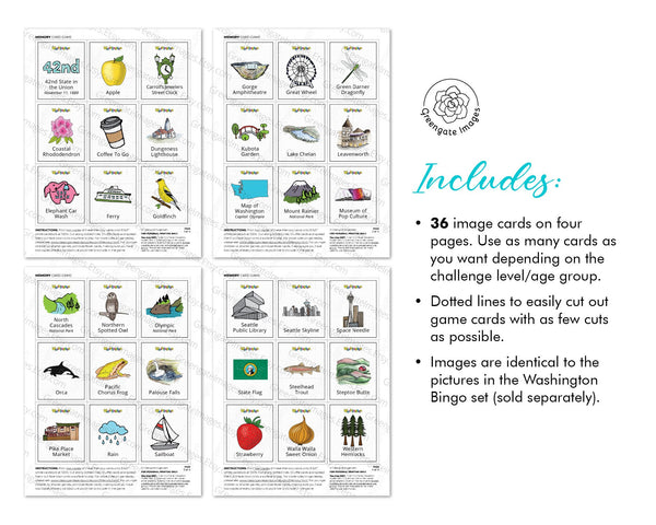 Washington Memory Game - PRINTABLE downloadable activity PDF. Matching game. 36 picture cards representing symbols & aspects of a US state.