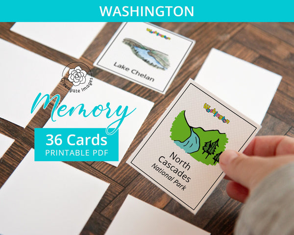 Washington Memory Game - PRINTABLE downloadable activity PDF. Matching game. 36 picture cards representing symbols & aspects of a US state.