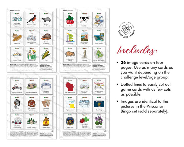 Wisconsin Memory Game - PRINTABLE downloadable activity PDF. Matching game. 36 picture cards representing symbols & aspects of the US state.