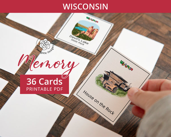 Wisconsin Memory Game - PRINTABLE downloadable activity PDF. Matching game. 36 picture cards representing symbols & aspects of the US state.
