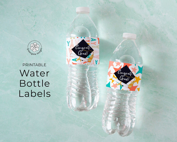 Graduation Water Bottle Labels - PRINTABLE beverage wrappers. Cute and colorful "Yay" labels that say Congrats, Grad! Jr high, high school.