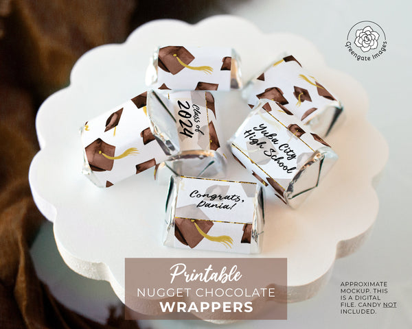 Brown Cap Graduation Nugget Wrappers - PRINTABLE/fillable PDF download for wrapping Hershey Chocolate Candy. Print on address label sticker.
