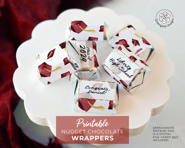 Burgundy Graduation Nugget Wrappers - PRINTABLE/fillable PDF download for wrapping Hershey Chocolate Candy. Print on address label sticker.