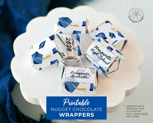 Royal Blue Graduation Nugget Wrapper - PRINTABLE/fillable PDF download for wrapping Hershey Chocolate Candy. Print on address label sticker.