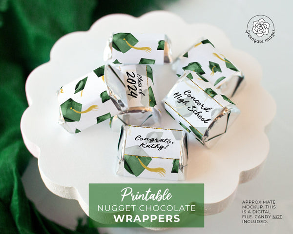 Green Cap Graduation Nugget Wrappers - PRINTABLE/fillable PDF download for wrapping Hershey Chocolate Candy. Print on address label sticker.