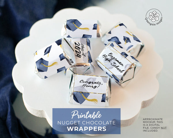 Navy Blue Graduation Nugget Wrappers - PRINTABLE/fillable PDF download for wrapping Hershey Chocolate Candy. Print on address label sticker.