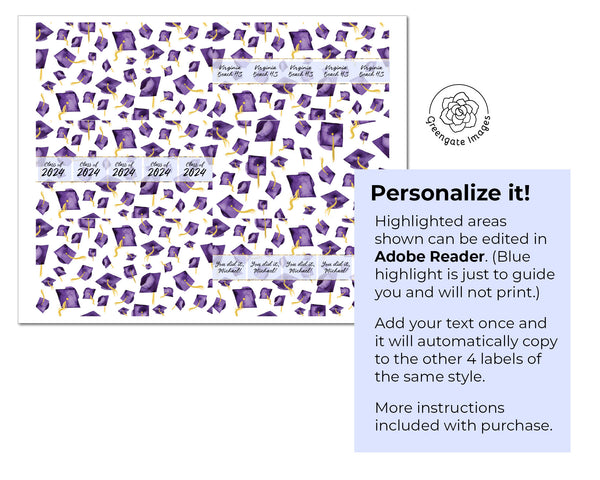 Purple Graduation Nugget Wrappers - PRINTABLE/fillable PDF download for wrapping Hershey Chocolate Candy. Print on address label sticker.