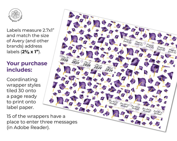 Purple Graduation Nugget Wrappers - PRINTABLE/fillable PDF download for wrapping Hershey Chocolate Candy. Print on address label sticker.