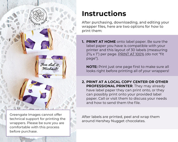 Purple Graduation Nugget Wrappers - PRINTABLE/fillable PDF download for wrapping Hershey Chocolate Candy. Print on address label sticker.