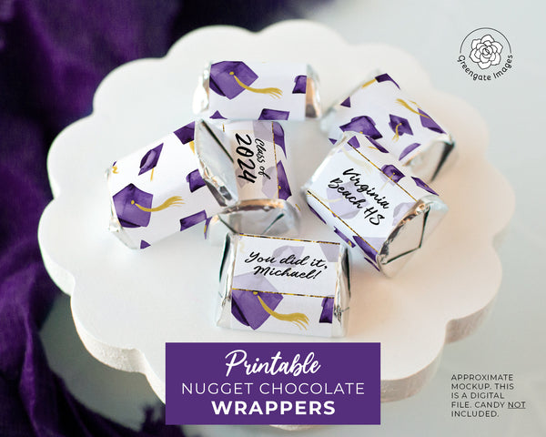 Purple Graduation Nugget Wrappers - PRINTABLE/fillable PDF download for wrapping Hershey Chocolate Candy. Print on address label sticker.