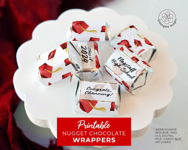 Red Cap Graduation Nugget Wrappers - PRINTABLE/fillable PDF download for wrapping Hershey Chocolate Candy. Print on address label sticker.