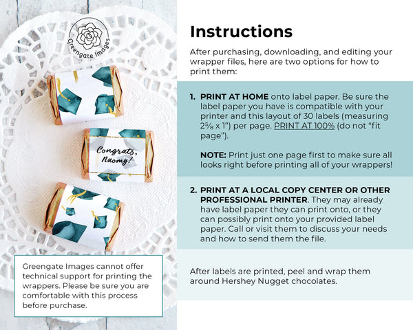 Teal Cap Graduation Nugget Wrappers - PRINTABLE/fillable PDF download for wrapping Hershey Chocolate Candy. Print on address label sticker.