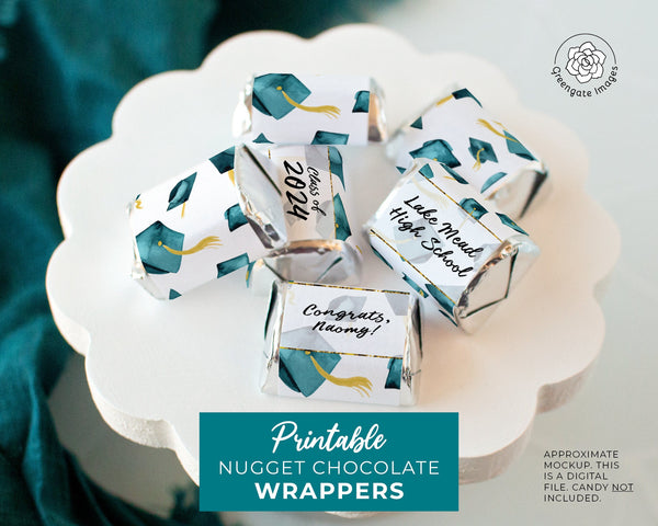 Teal Cap Graduation Nugget Wrappers - PRINTABLE/fillable PDF download for wrapping Hershey Chocolate Candy. Print on address label sticker.