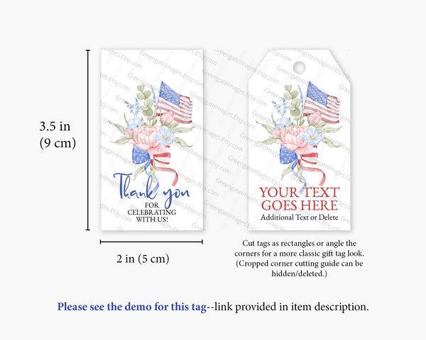 Patriotic Floral Gift Tag - Printable & Corjl Editable / Watercolor American Flag Flower / Hang Tag / Favor Bag Tag / Military Funeral Idea
