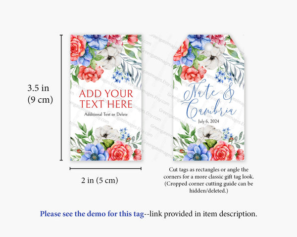 Red, White, and Blue Floral Gift Tag - Printable & Corjl Editable / Watercolor Flowers / Hang Tag / Wedding, Bridal, 4th July Favor Bag Tag