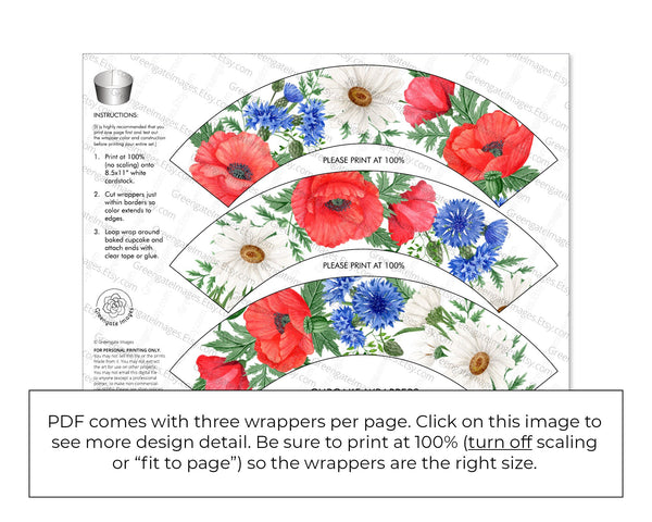 Red White Blue Floral Cupcake Wrappers - PRINTABLE instant download. 4th of July party decor, patriotic, Memorial Day favor. Poppy design.
