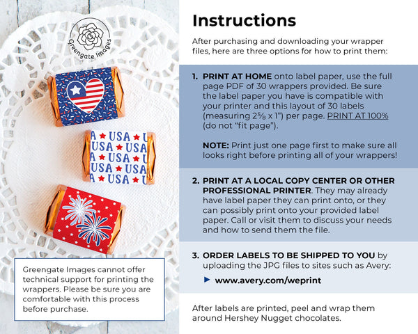 Patriotic Nugget Wrappers - PRINTABLE PDF/JPG labels to put on chocolate Hershey Nugget Chocolate Candy. Print on address label stickers.