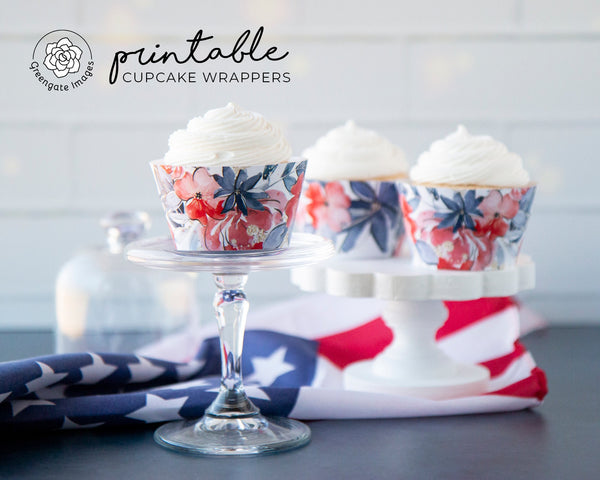 Patriotic Floral Cupcake Wrappers - PRINTABLE instant download. 4th of July party, Memorial Day favor. Abstract flowers red white blue gold.