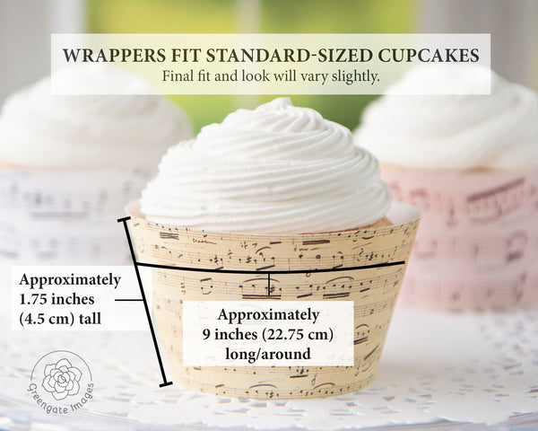 Sheet Music Cupcake Wrappers - PRINTABLE cupcake sleeves with vintage music pages pattern. White, blush pink, sepia brown. Instant download.