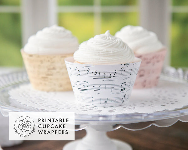Sheet Music Cupcake Wrappers - PRINTABLE cupcake sleeves with vintage music pages pattern. White, blush pink, sepia brown. Instant download.
