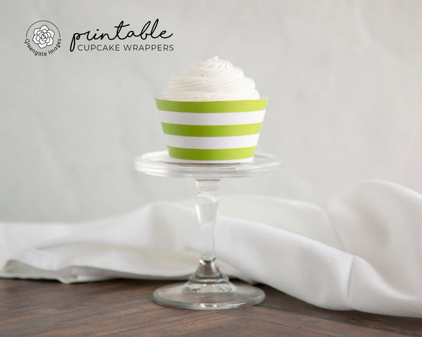 Lime Green Striped Cupcake Wrapper - PRINTABLE instant digital download PDF. Chartreuse and white horizontal stripes. General party dessert.