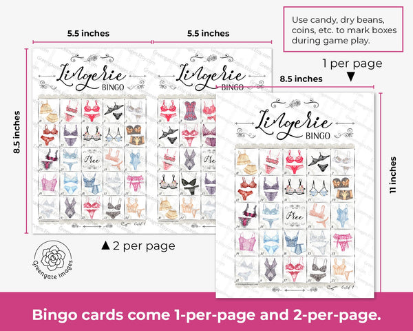 Lingerie Bingo Game - 50 PRINTABLE unique cards. Instant digital download PDF. Fun activity for lingerie showers and bachelorette parties.