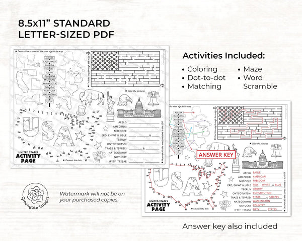 United States Activity Page - Instant download PDF games for kids. Patriotic word scramble, maze, dot-to-dot 8.5x11" coloring placemat.