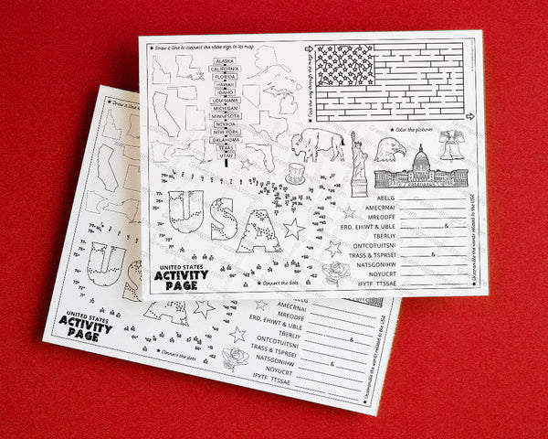 United States Activity Page - Instant download PDF games for kids. Patriotic word scramble, maze, dot-to-dot 8.5x11" coloring placemat.