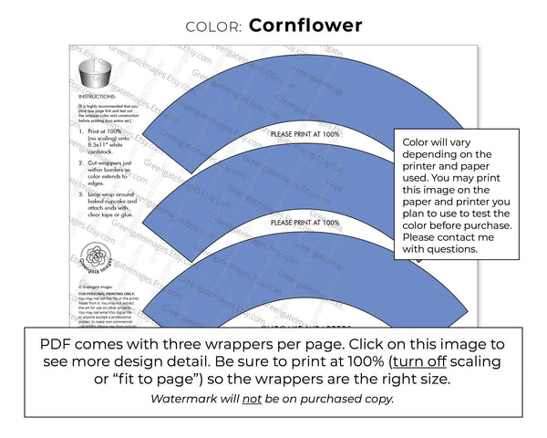 Cornflower Cupcake Wrapper - PRINTABLE digital download PDF. Cool blue solid-colored sleeve for baked cupcakes. More colors available.