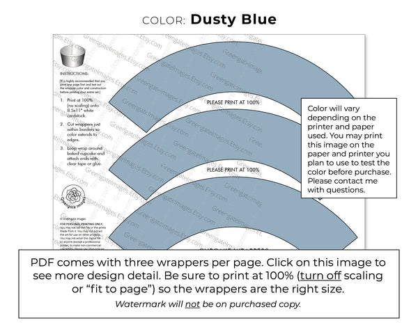 Dusty Blue Cupcake Wrapper - PRINTABLE digital download PDF. Smoky country solid-colored sleeve for baked cupcakes. More colors available.