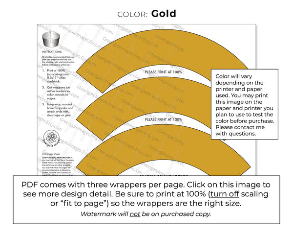 Gold Cupcake Wrapper - PRINTABLE digital download PDF. Goldenrod yellow solid-colored sleeve for baked cupcakes. More colors available.