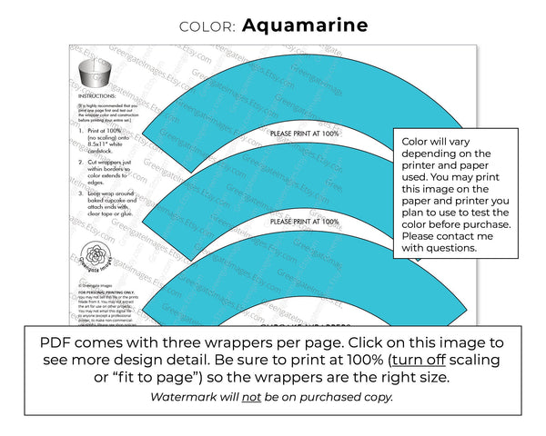 Aquamarine Cupcake Wrapper - PRINTABLE digital download PDF. Bold turquoise solid-colored sleeve for baked cupcakes. More colors available.