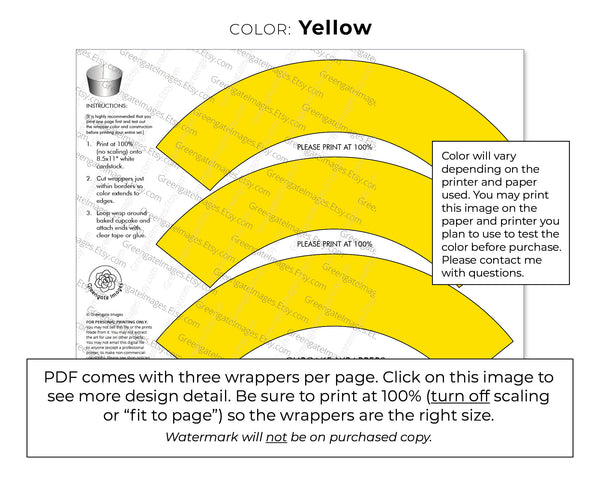 Yellow Cupcake Wrapper - PRINTABLE digital download PDF. Bright dandelion solid-colored sleeve for baked cupcakes. More colors available.