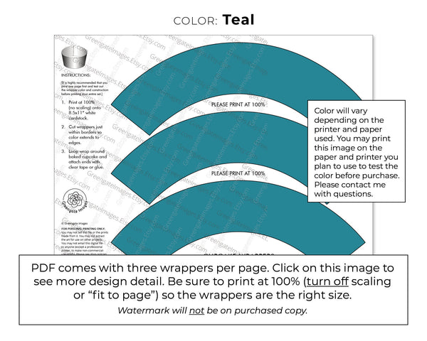 Teal Cupcake Wrapper - PRINTABLE digital download PDF. Turquoise blue-green solid-colored sleeve for baked cupcakes. More colors available.