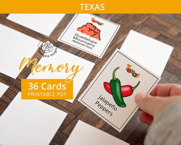 Texas Memory Game - PRINTABLE downloadable activity PDF. Matching game. 36 picture cards representing symbols & aspects of the US state.