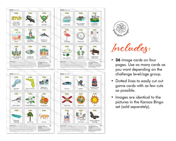 Kansas Memory Game - PRINTABLE downloadable activity PDF. Matching game. 36 picture cards representing symbols & aspects of the US state.