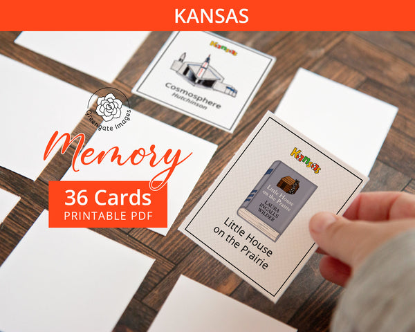 Kansas Memory Game - PRINTABLE downloadable activity PDF. Matching game. 36 picture cards representing symbols & aspects of the US state.