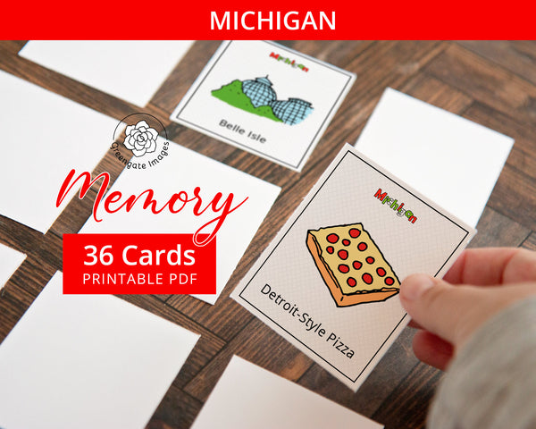 Michigan Memory Game - PRINTABLE downloadable activity PDF. Matching game. 36 picture cards representing symbols & aspects of the US state.