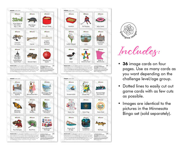 Minnesota Memory Game - PRINTABLE downloadable activity PDF. Matching game. 36 picture cards representing symbols & aspects of the US state.