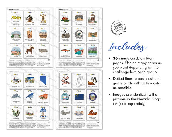 Nevada Memory Game - PRINTABLE downloadable activity PDF. Matching game. 36 picture cards representing symbols & aspects of the US state.