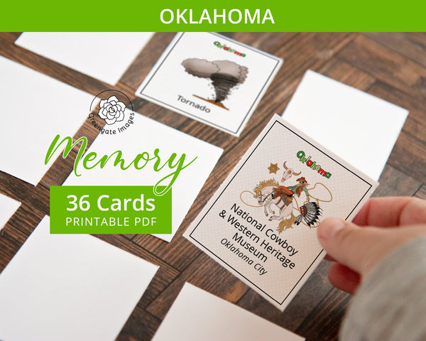 Oklahoma Memory Game - PRINTABLE downloadable activity PDF. Matching game. 36 picture cards representing symbols & aspects of the US state.