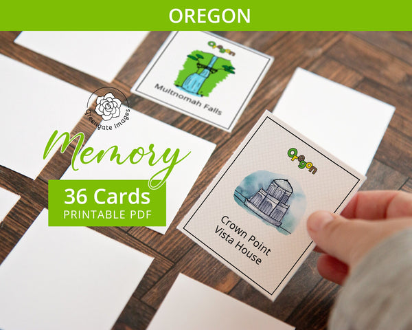 Oregon Memory Game - PRINTABLE downloadable activity PDF. Matching game. 36 picture cards representing symbols & aspects of the US state.